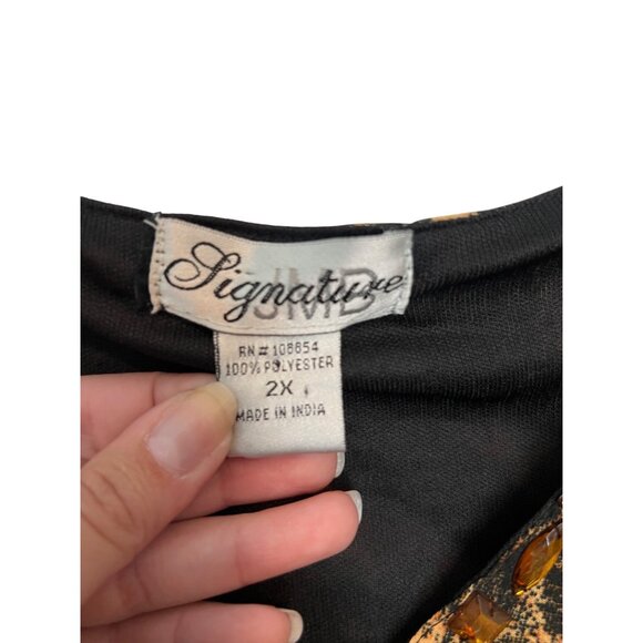 Signature Animal Print V-Neck Blouse 2X Tan/Brown Sheer Embellished 3/4 Sleeve - Picture 2 of 3